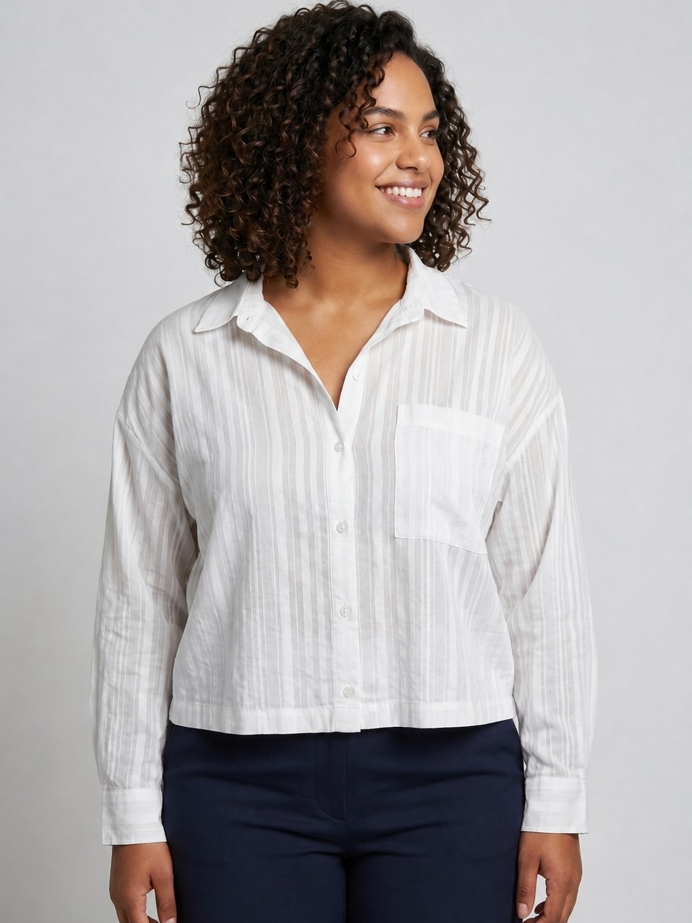 NWT Worthington White Striped Button-Front Cropped Shirt sz XXL